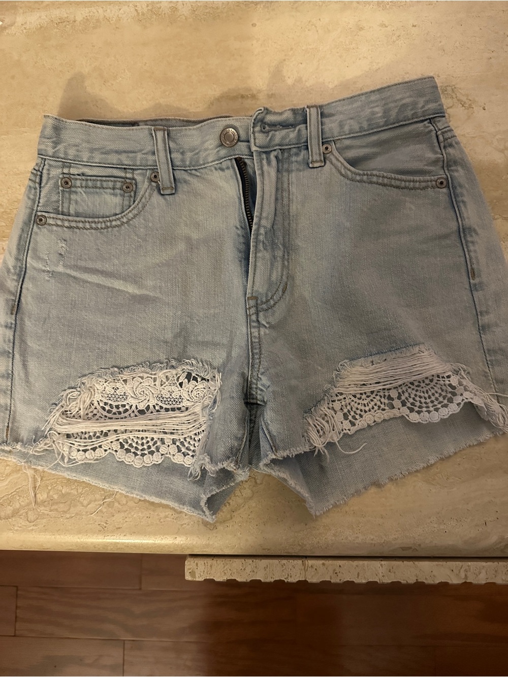 American Eagle Outfitters Light Blue Denim Lace-Inset Shorts